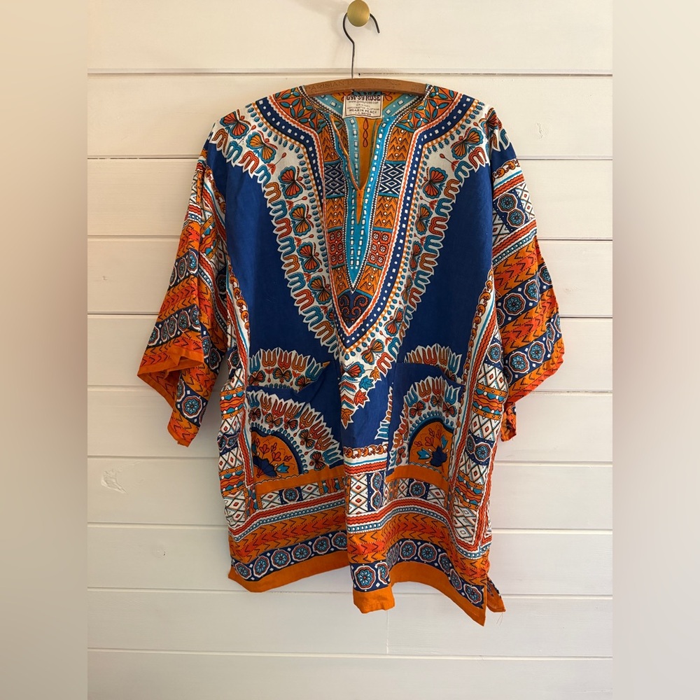 Gypsy Rose Boho Tunic Top Blue Cotton Festival Shirt O/S Hippie Orange Blue